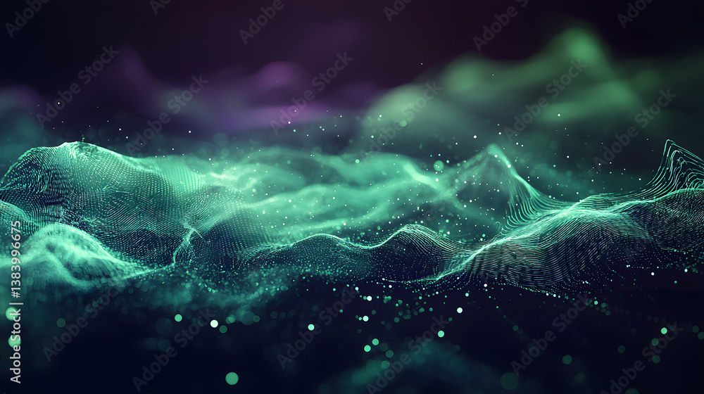 Poster visualizing cloud computing and decentralized systems through vibrant digital waves abstract environ