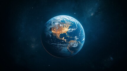 Earth from space with glowing lights across continents for environmental documentaries, global unity visuals, and Earth Day awareness campaigns. Deep cosmic blues with golden urban highlights.
