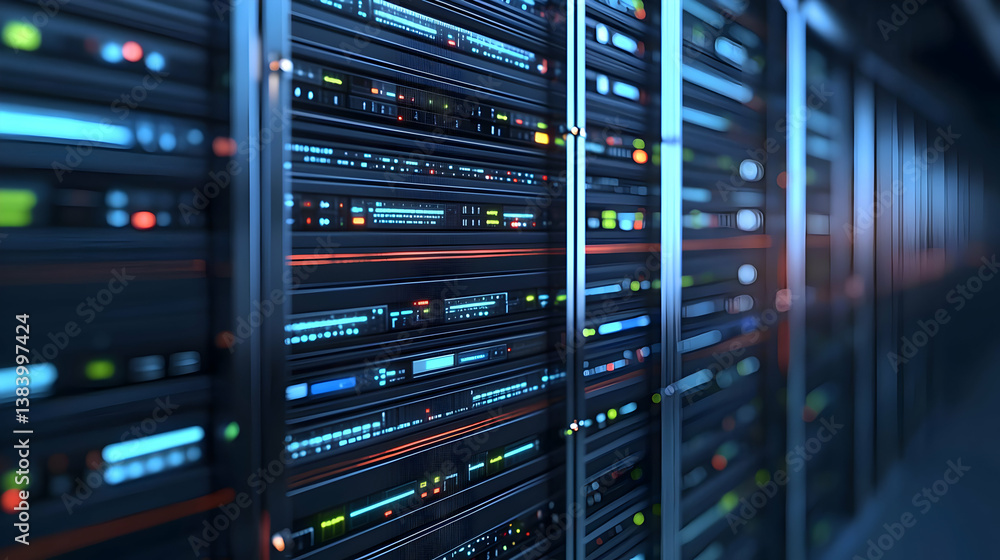 Poster close up of server racks in dark data center