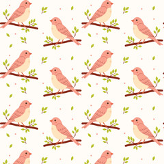 Seamless pattern with cute pink birds sitting on tree branches with green leaves. Soft pastel design perfect for kids, spring, and nature themes.