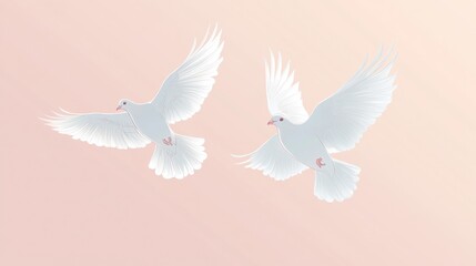 Fototapeta premium Two elegant doves flying together in soft pastel sky conveying peace and love