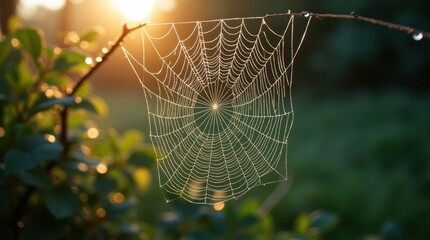 A detailed spider web glistening with morning dew, showcasing intricate patterns and the beauty of nature in a serene setting