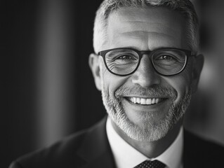 A professional business man in glasses and suit coat smiling with grey hair, beard and mustache