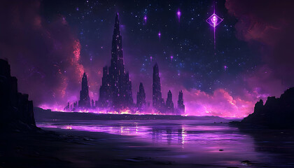 Mysterious purple futuristic cityscape