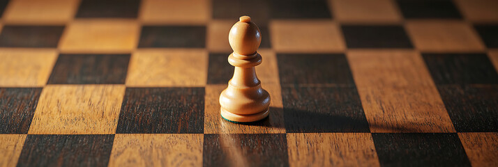 Chess bishop on a wooden board, illuminated by warm light. Strategic games and intellectual challenges are visually represented.