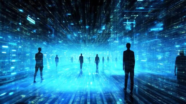 Artistic digital city with artificial intelligence cyberspace and people