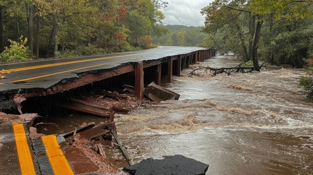 Fototapeta Raging flood waters washing away a rural road bridge