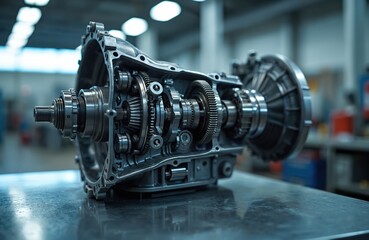 Close-up car automatic transmission gear part disassembled. Repair service station, industrial mechanism background. Auto vehicle part detail. Gearbox, complex mechanical tech.