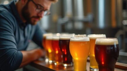 A brewery expert analyzing a row of craft beer samples in clear glasses, highlighting the professional brewing process, with warm industrial lighting enhancing the golden hues.