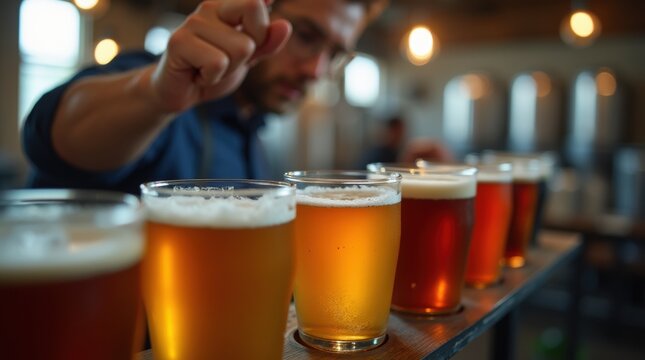 A brewery expert analyzing a row of craft beer samples in clear glasses, highlighting the professional brewing process, with warm industrial lighting enhancing the golden hues.