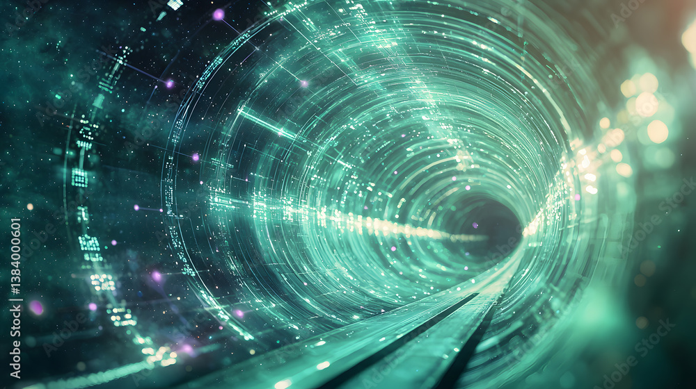 Poster interstellar communication event exploring space technology through a digital tunnel sci-fi environm
