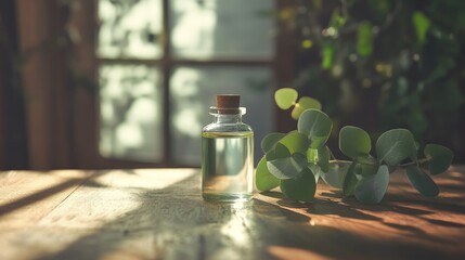 Eucalyptus oil bottle on wooden table in sunlit room