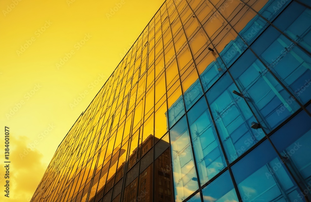Poster Modern glass building with yellow and blue reflections. Abstract architecture design creates geometric pattern. Urban structure has contemporary design with a sleek and creative facade.