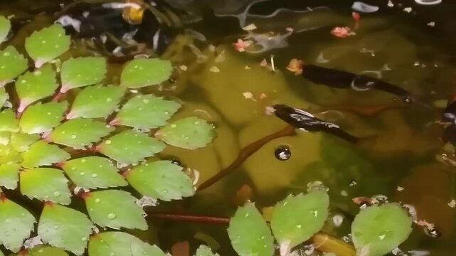Domestic guppy fish, Poecilia reticulata, eating flakes at water surface. Relaxing nature background of pet fish feeding viewed from above