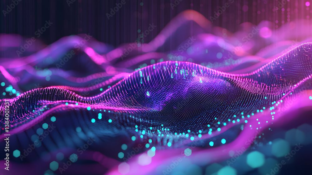 Poster visualizing quantum computing multidimensional data waves abstract digital space 3d render futuristi