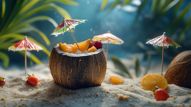 Tropical paradise: Coconut cocktail with fruit and mini umbrellas on a sandy beach. Refreshing vacation vibes. Summer indulgence.