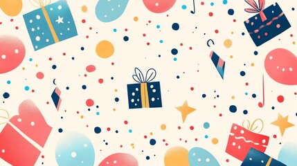 Festive pattern with gifts and colorful decorations.