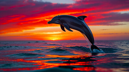 dolphin jumping into the sunset