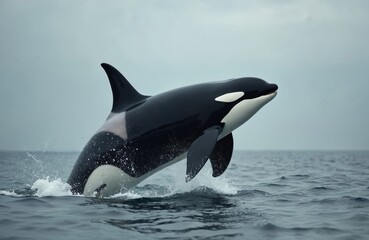 Obraz premium Killer whale jumps from ocean water. Orca animal swims in sea. Marine mammal with black and white color scheme. Aquatic creature, ocean life concept. Wildlife in natural environment.