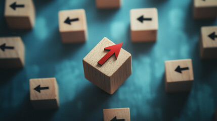 A hand-picked wooden block with a red arrow points in the opposite direction to the surrounding black arrows, symbolizing individuality and thinking differently.

