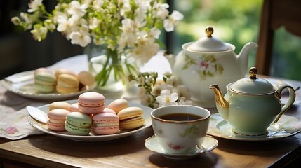 Beautifully arranged garden tea party vintage wooden table adorned delicate porcelain teacup floral teapot plate of macarons soft linen cloth drape over table fresh flower vase centerpiece background
