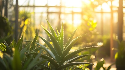 Vibrant aloe plant in sunlit conservatory setting lush and revitalized