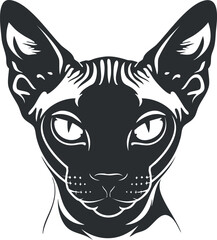 Black and white graphic illustration of a Sphynx cat with detailed facial features.