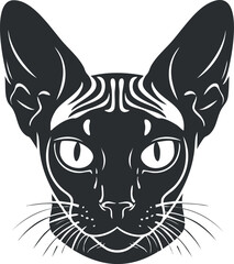 Monochrome vector illustration of a cat's face with large ears and intricate patterns.