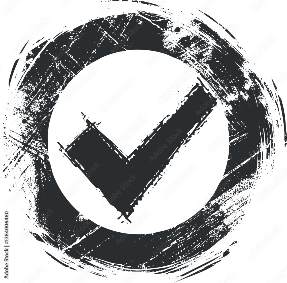 Poster grunge-style checkmark symbol inside a distressed circular design, featuring a textured background.