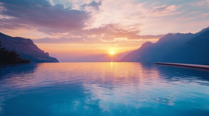 Naklejka premium A sparkling infinity pool at sunset with the reflection of the sky and mountains in the water 