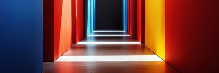 An abstract corridor featuring vibrant colors and light patterns, evoking feelings of curiosity and exploration.