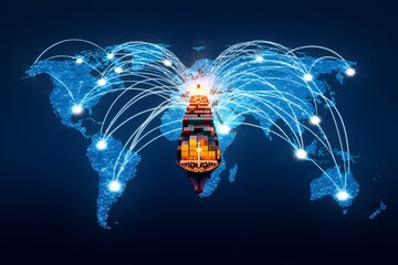 Global shipping network illustrated through a cargo ship navigating interconnected trade routes across the world