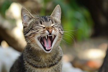 Fototapeta premium A happy cat yawning broadly in a delightful outdoor setting.