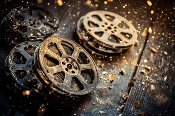 Fototapeta premium Dusty vintage film reels scattered on a dark wooden surface, evoking nostalgia and classic cinema.