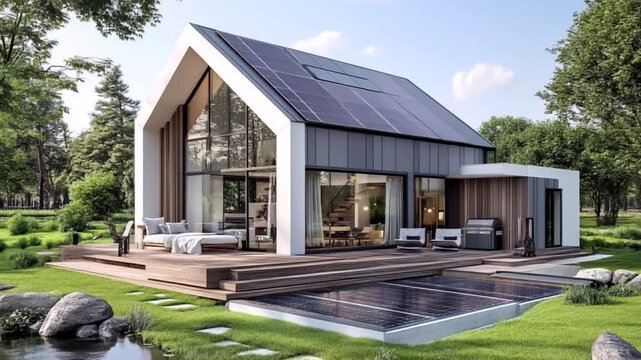 Modern house with solar panels and storage batteries