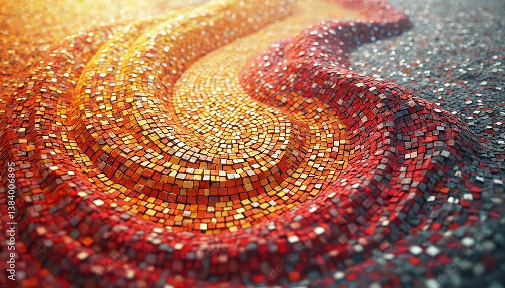 Poster abstract mosaic wall art features swirling patterns in red orange yellow grey and brown. mosaic tile