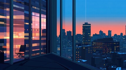 Cityscape sunset view from modern office