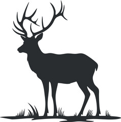 Silhouette of a deer with antlers standing in grass, representing wildlife in nature.