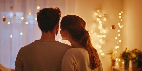 In the warmth of fairy lights, they share a tender moment.