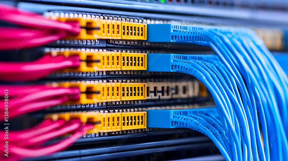 Aufkleber close up view of colorful network cables in server rack