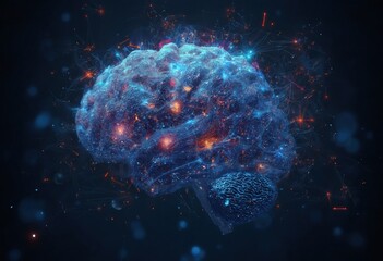 A high-resolution image of a human brain with vibrant blue and red hues, showcasing its intricate structure and complexity.