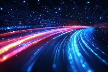 Obraz premium Dynamic Abstract Background Featuring Blue and Red Light Trailing Rays and Particles