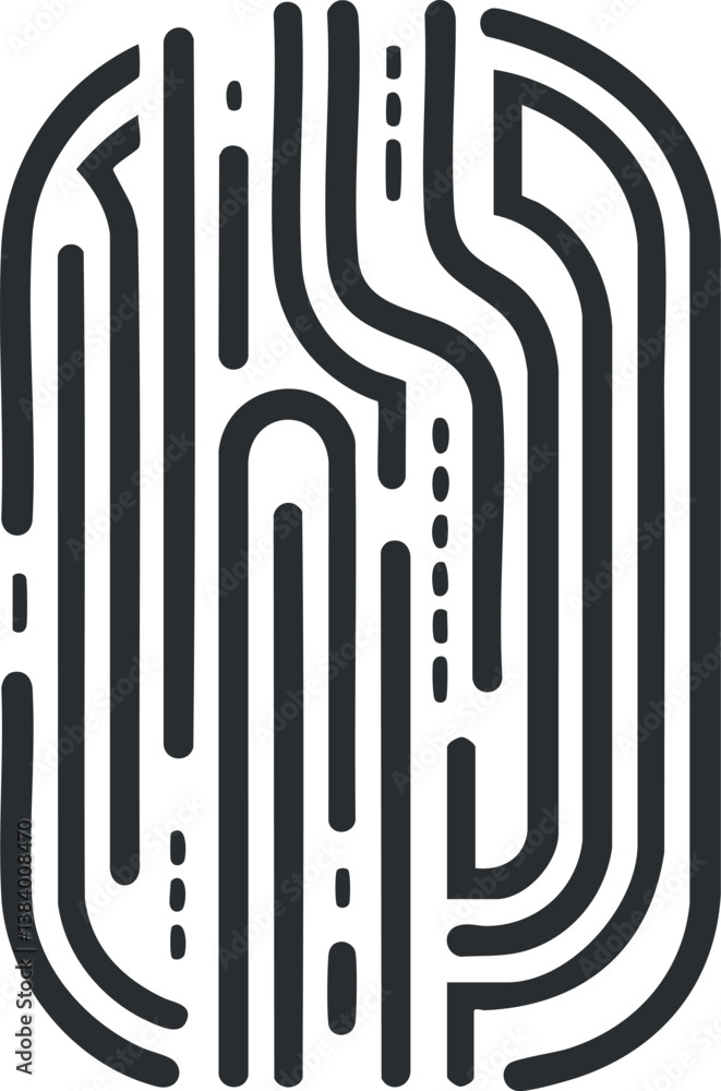 Poster abstract black and white fingerprint design representing security and biometric technology concepts.