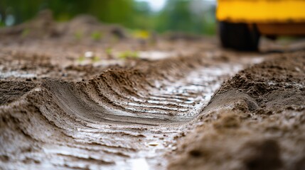Close-up of wheel tracks in wet sand highlighting detailed tire tread marks on a dirt road in bright conditions