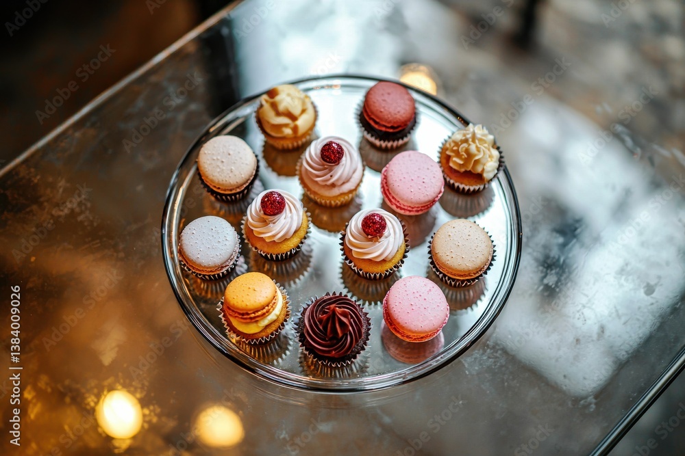 Poster assortment of colorful macarons and cupcakes on a reflective silver tray creating a delightful desse