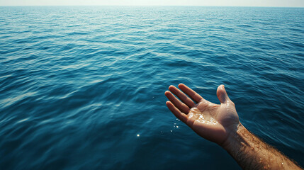  A hand reaches out above calm, vast ocean water, symbolizing hope, struggle, and survival amidst drowning, evoking a modern, emotional concept of overcoming despair
