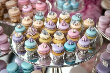 A lavish display of pastel cupcakes topped with colorful macarons, elegantly arranged on tiered silver serving trays, perfect for a sophisticated dessert buffet.