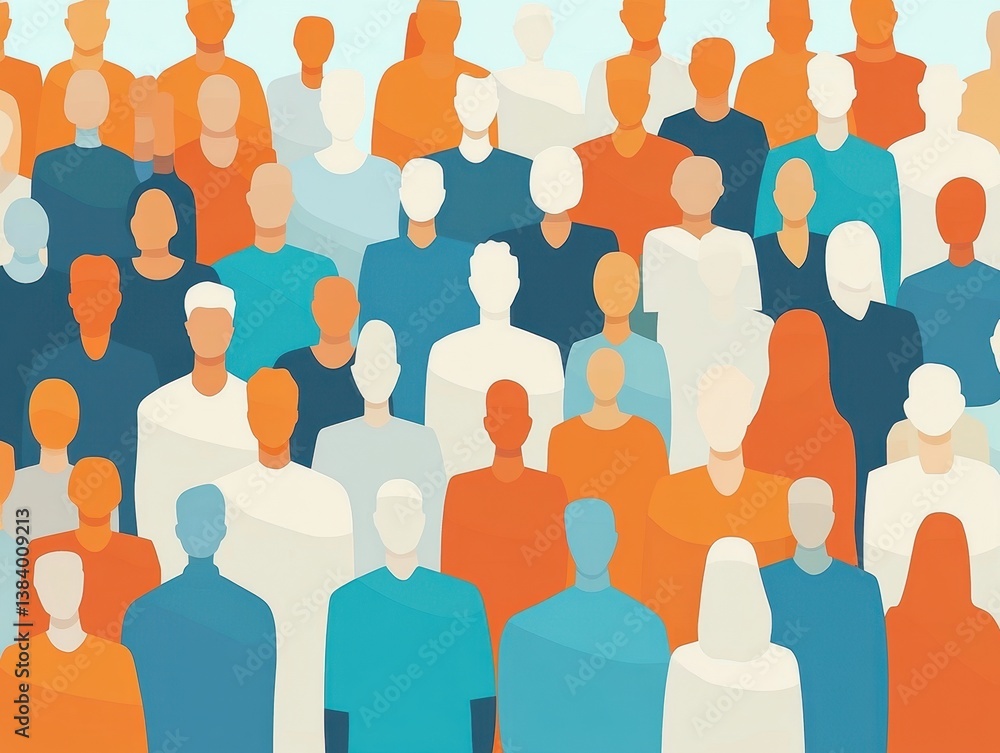 Poster a crowd of diverse people design style with simple shapes and minimal details, using vibrant colors 