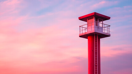 A vivid sky and a tower create a mesmerizing scene. The red structure stands against the pastel sky, offering a striking contrast, a perfect blend of architecture and nature.