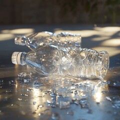 Recycling concept: crushed plastic bottles on table.